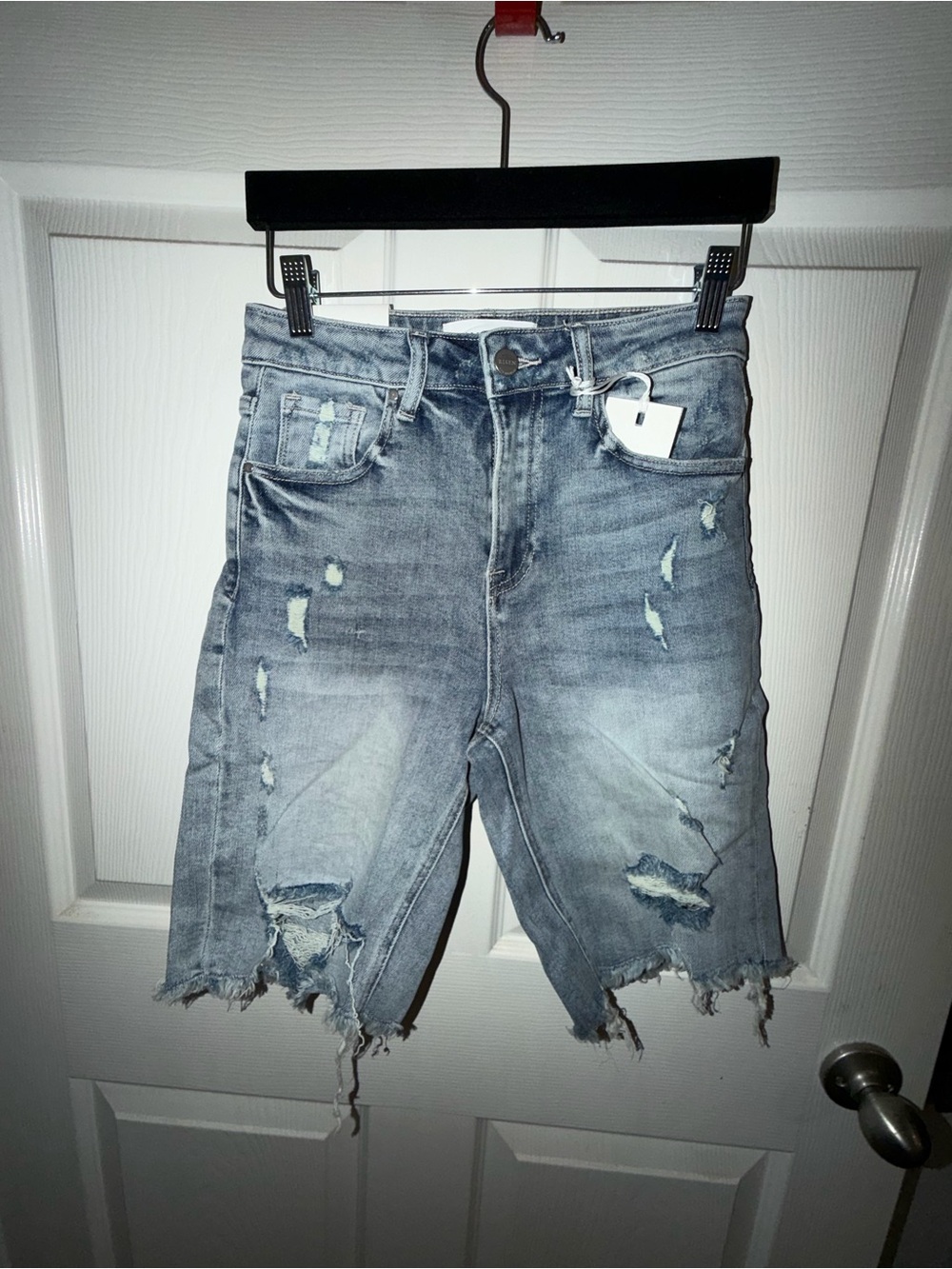 Risen Distressed High-Waist Women's Denim Bermuda Shorts - Light Blue